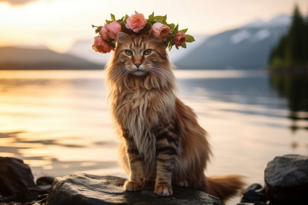 Cat wearing a flower crown lake standing outdoors. AI generated Image by rawpixel.