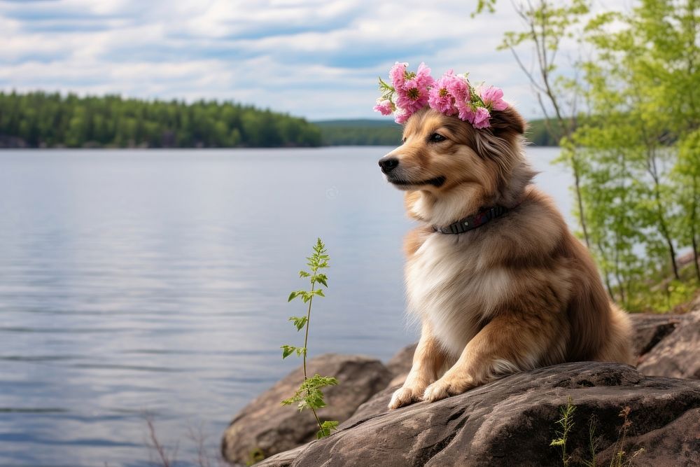 Dog wearing a flower crown lake landscape outdoors. AI generated Image by rawpixel.