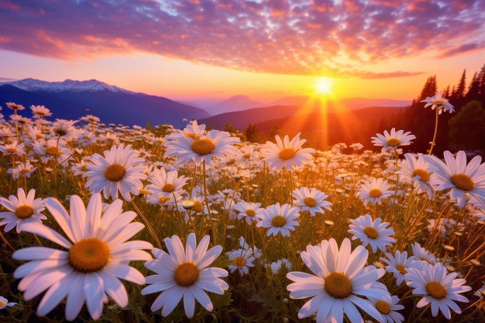 Field of Vibrant daisy blossom sunset landscape sunlight. AI generated Image by rawpixel.