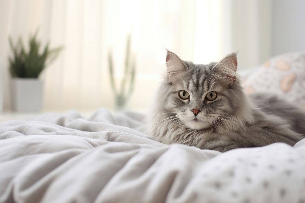 Grey cat chilling on a white bed blanket mammal animal. AI generated Image by rawpixel.