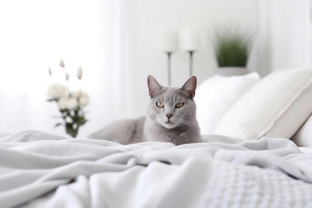 Grey cat chilling on a white bed blanket animal mammal. AI generated Image by rawpixel.