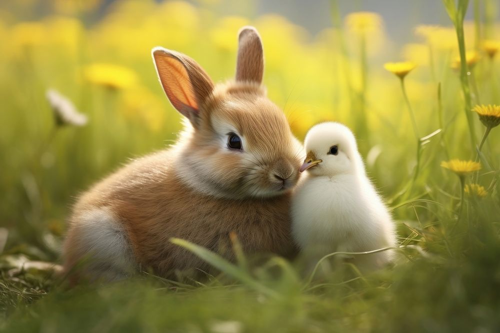 Rabbit and a chick outdoors animal rodent