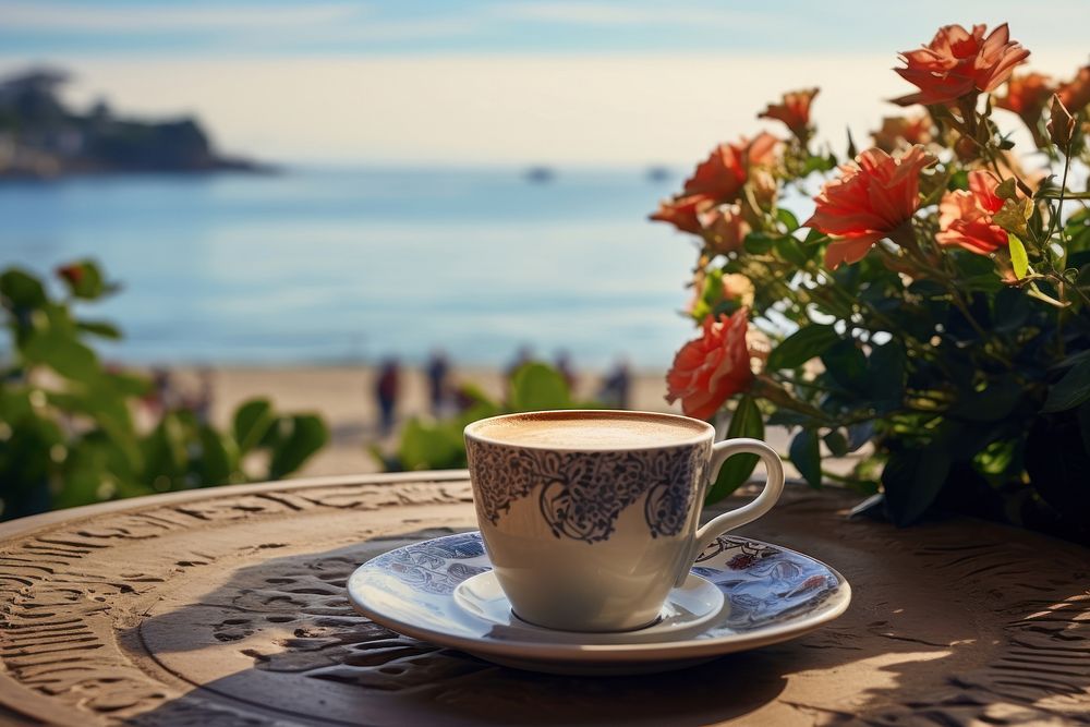 Steamy hot cup of coffee on the table flower sea outdoors. AI generated Image by rawpixel.