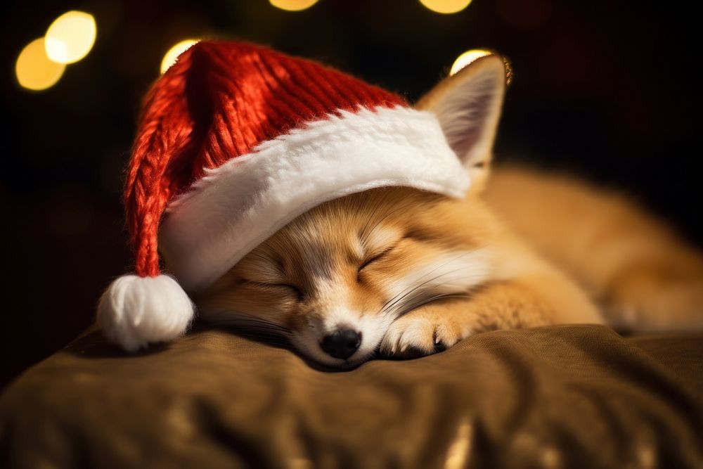 Sleeping fox wearing santa hat mammal animal pet. AI generated Image by rawpixel.