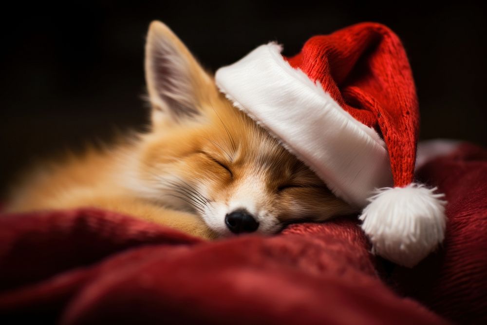 Sleeping fox wearing santa hat mammal animal pet. AI generated Image by rawpixel.