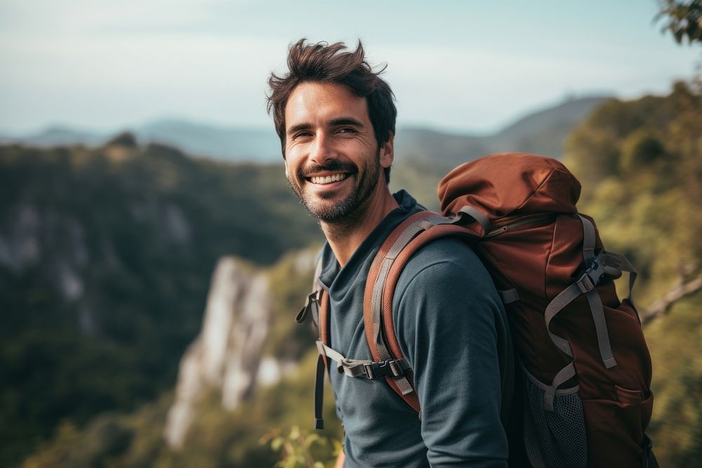Backpack backpacking standing smiling. AI generated Image by rawpixel.