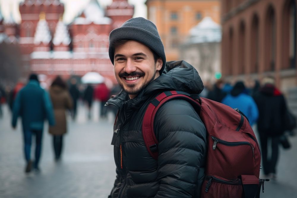 Smiling Latino man with backpack travel adult smile. AI generated Image by rawpixel.