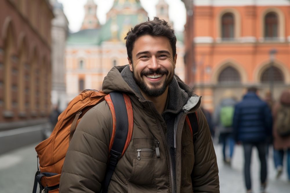 Smiling Latino man with backpack photography travel jacket. AI generated Image by rawpixel.