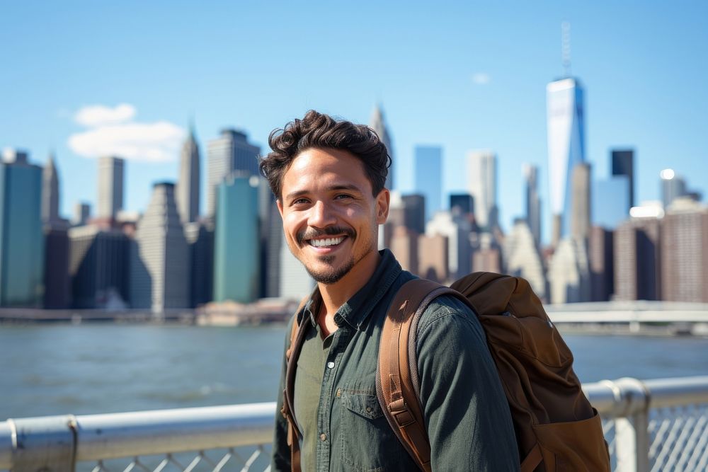 Smiling Latino man with backpack photography travel adult. AI generated Image by rawpixel.