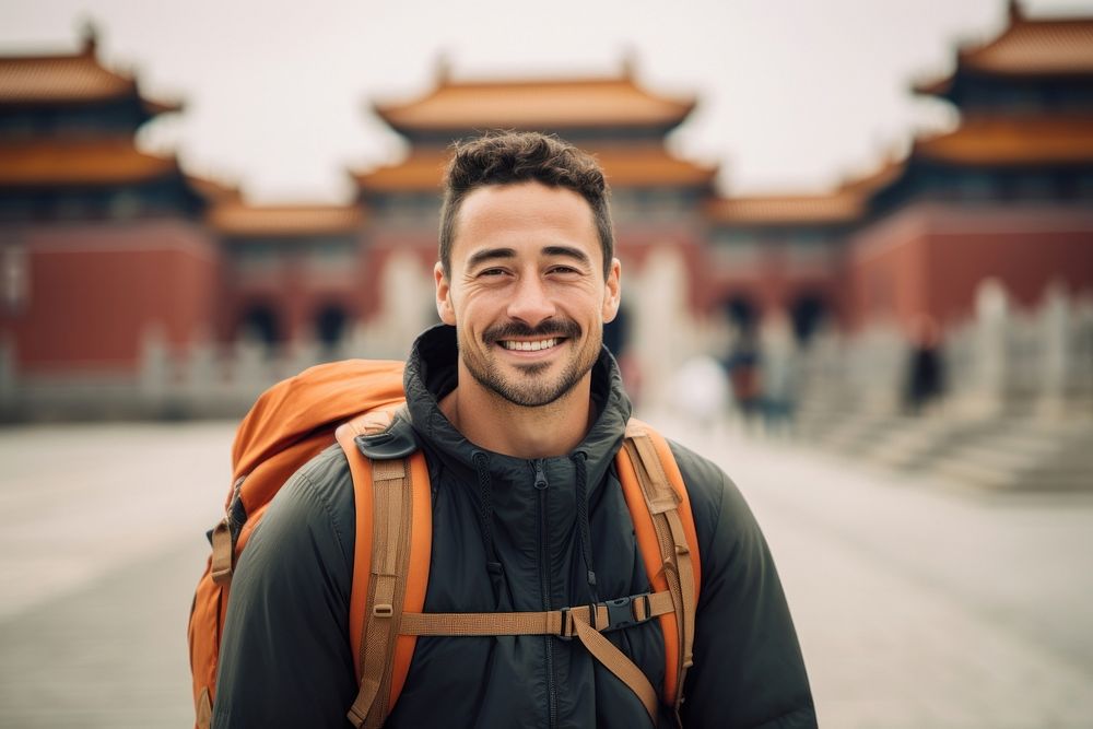 Smiling Latino man with backpack photography travel adult. AI generated Image by rawpixel.