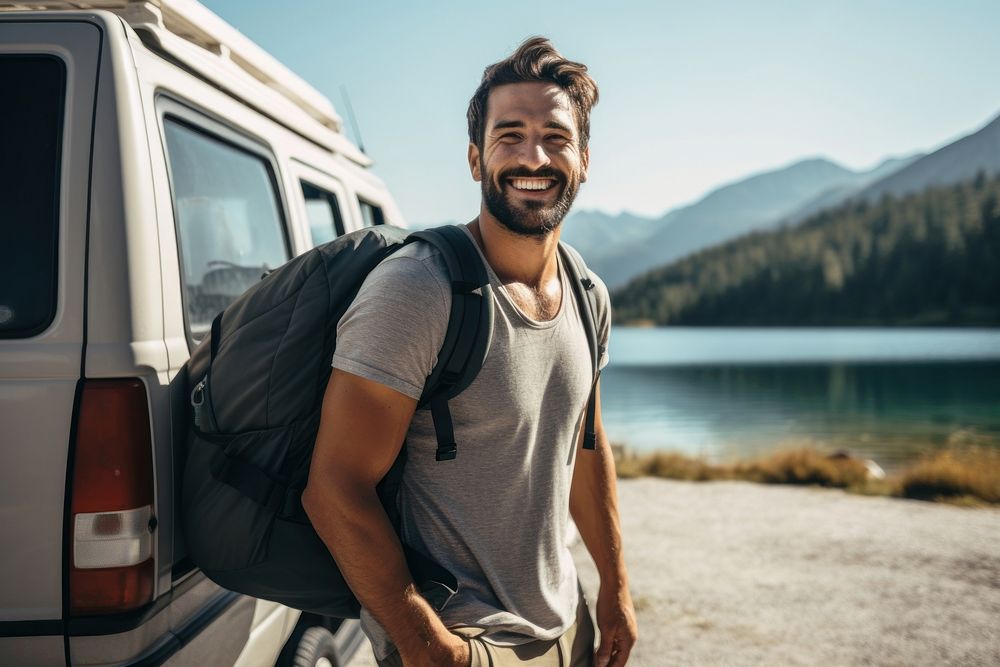 Smiling Latino man with backpack standing vacation vehicle. AI generated Image by rawpixel.