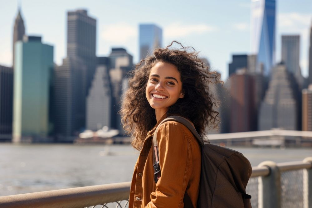 Smiling Latino women with backpack photography travel smile. AI generated Image by rawpixel.