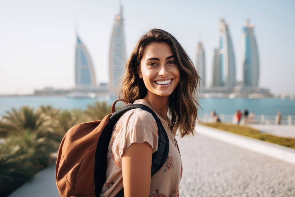 Smiling Latino women with backpack architecture photography travel. AI generated Image by rawpixel.