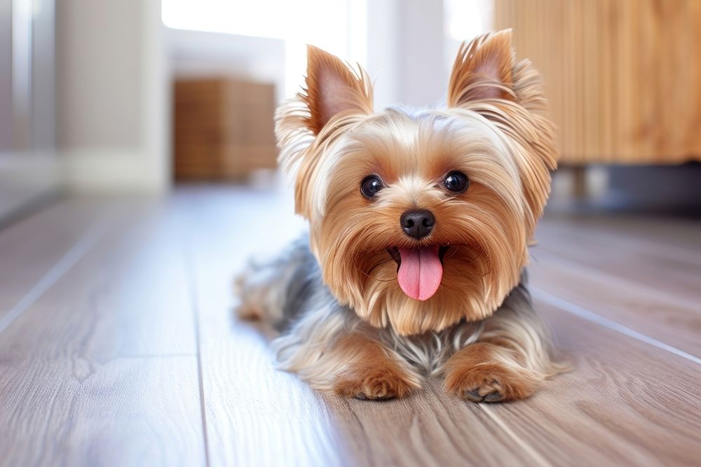 Smiling yorkshire terrier laying down on the floor wood mammal animal. AI generated Image by rawpixel.