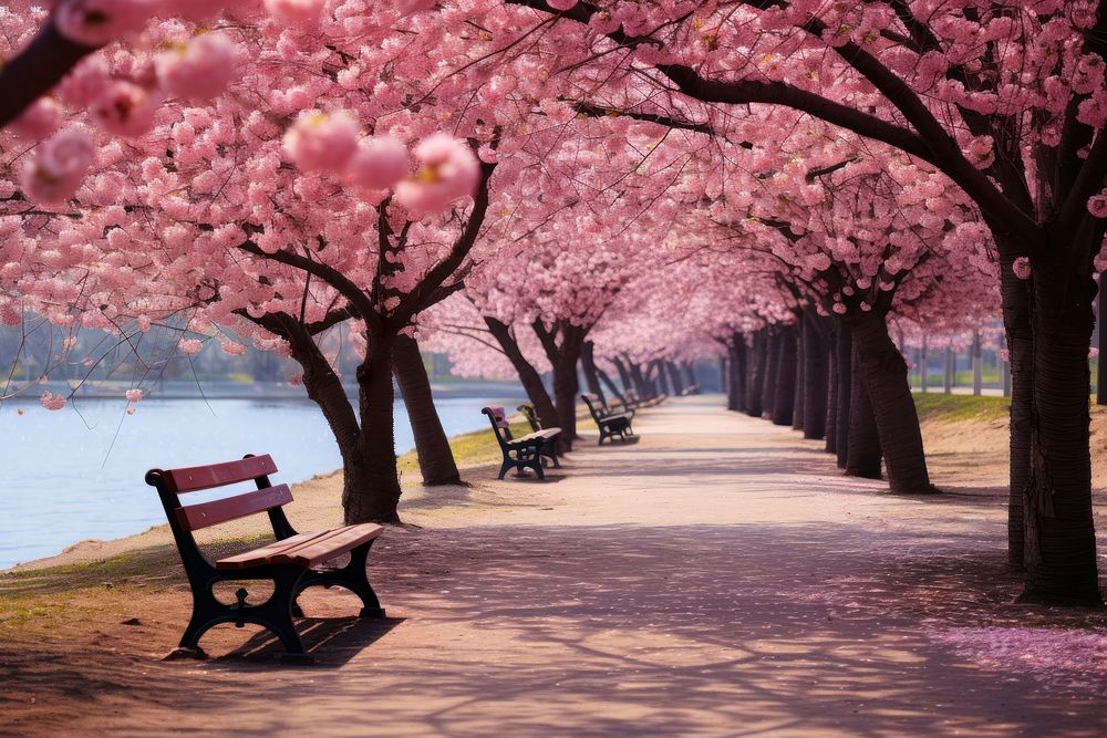 Spring season park with pathway under cherry blossom trees bench outdoors nature. 