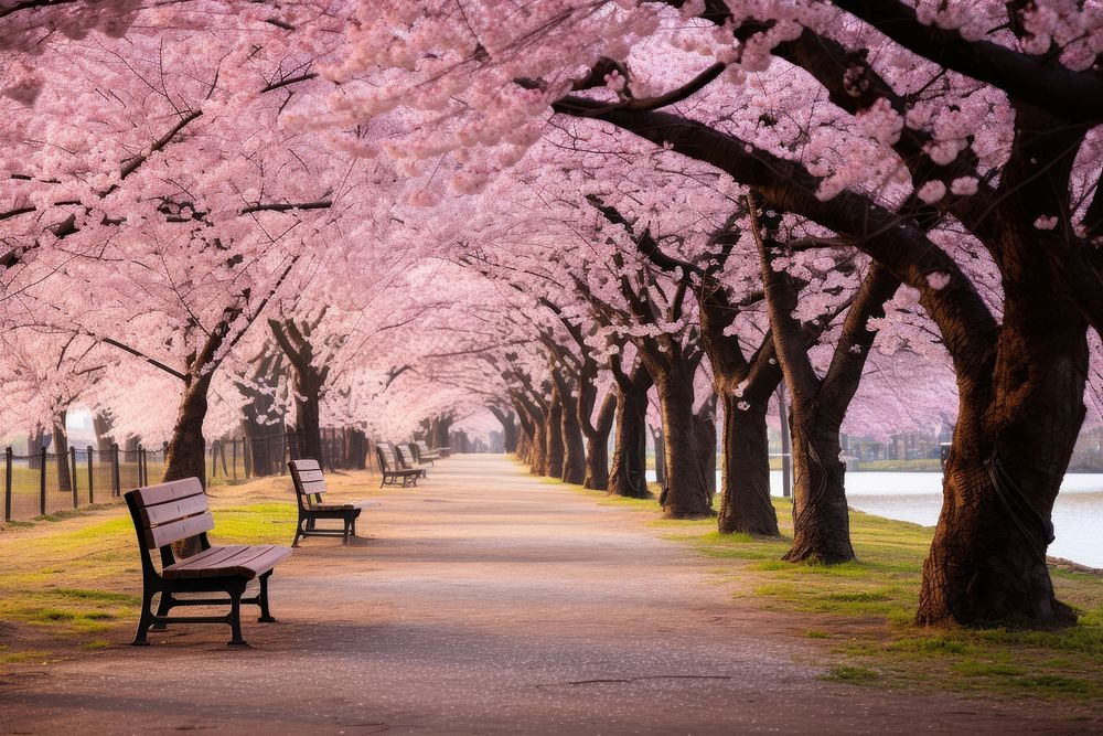 Spring season park with pathway under cherry blossom trees bench outdoors nature. AI generated Image by rawpixel.