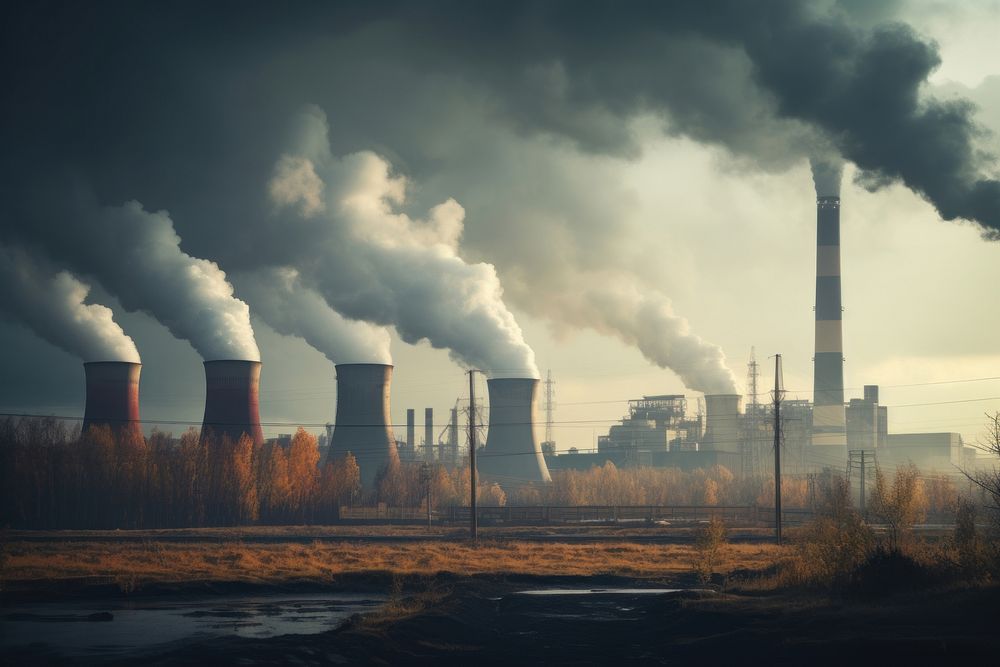 A thermal power station with smoke pouring down architecture pollution outdoors. AI generated Image by rawpixel.