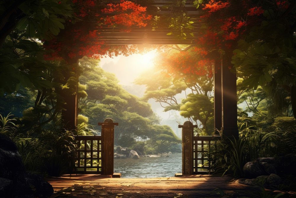 Torii gate sunlight nature plant. AI generated Image by rawpixel.