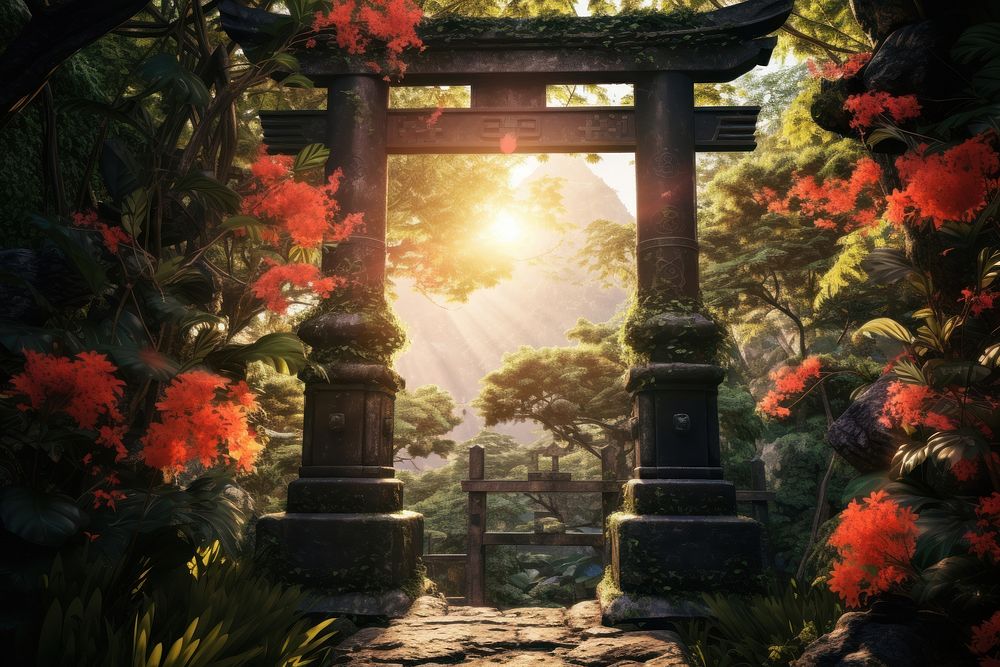 Torii gate sunlight nature plant. AI generated Image by rawpixel.