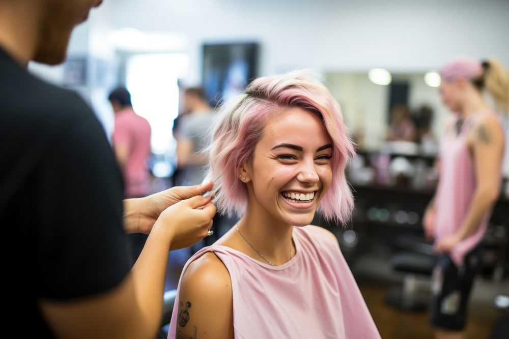 Woman gets her hair colored smile adult pink. AI generated Image by rawpixel.