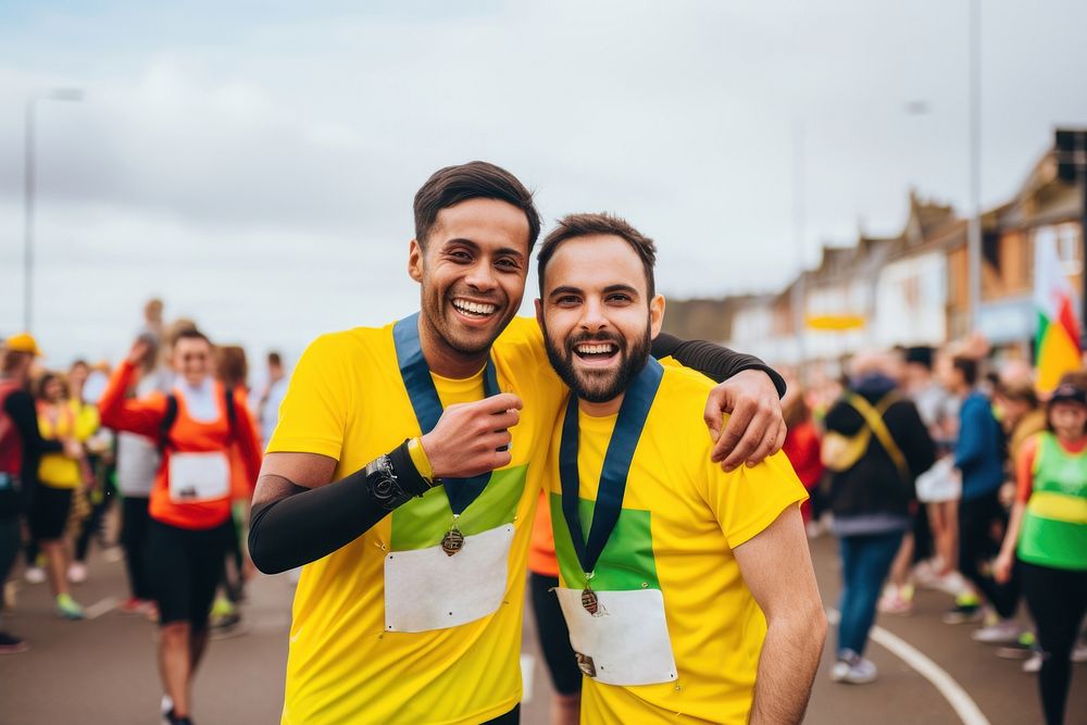 Disability runner and friend supporting each other friendship marathon running. AI generated Image by rawpixel.