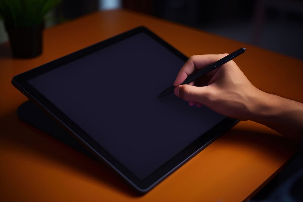 Tablet blacnk screen computer writing hand. AI generated Image by rawpixel.