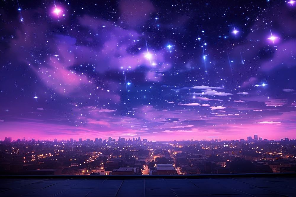 Sky with twinkle star purple city architecture. AI generated Image by rawpixel.
