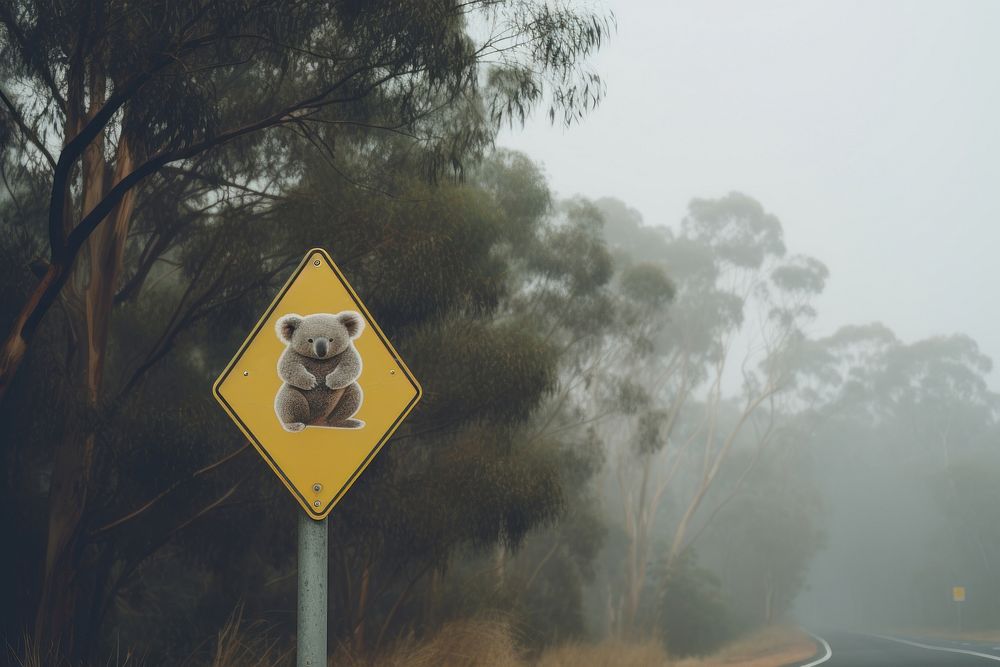 Koala climbing the road sign outdoors symbol nature. AI generated Image by rawpixel.