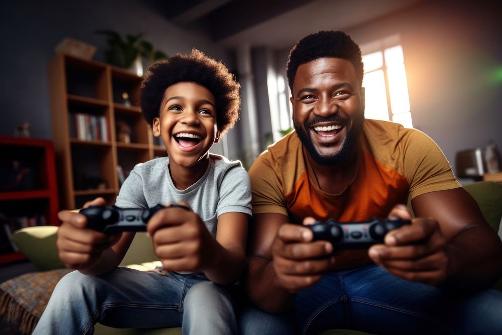 African American father and son enjoy playing games together laughing adult happy. AI generated Image by rawpixel.