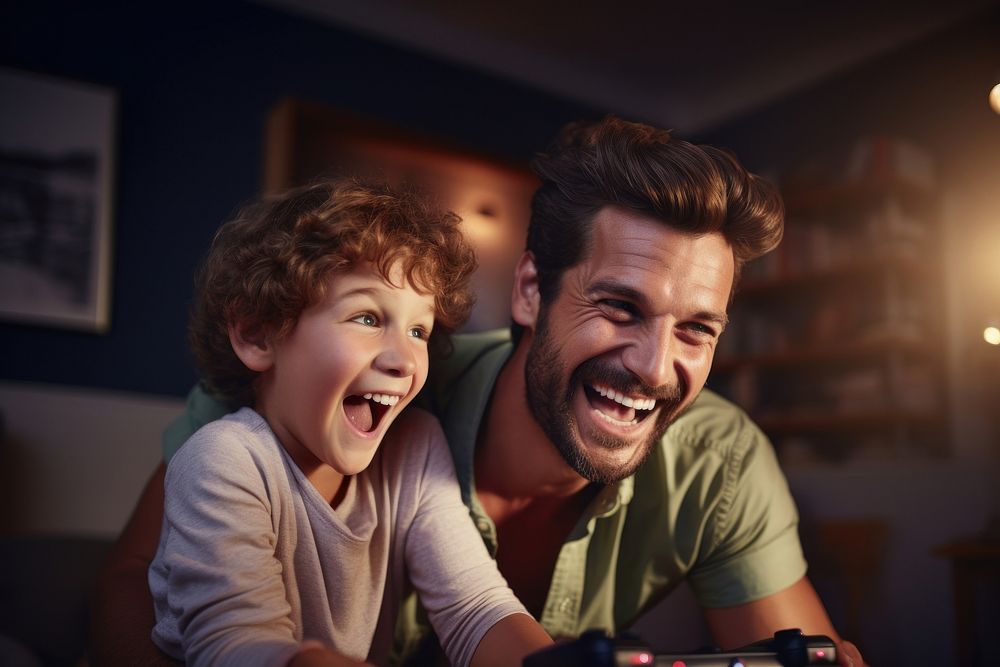 Father and son enjoy playing games together laughing portrait adult. AI generated Image by rawpixel.