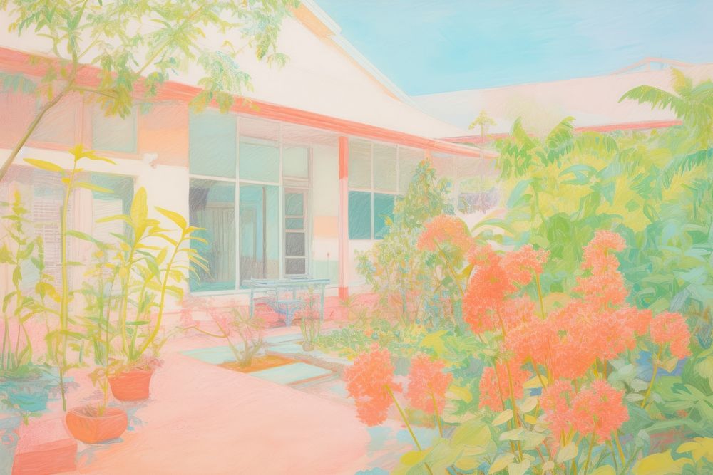 House with backyard architecture building painting. AI generated Image by rawpixel.