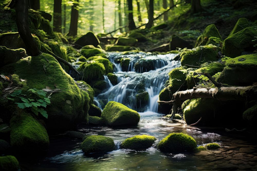 Nature forest stream moss. AI generated Image by rawpixel.