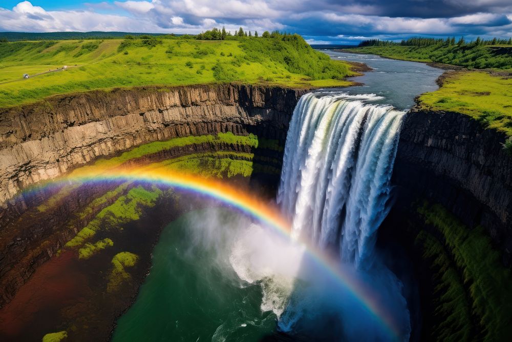 Very tall waterfall rainbow nature landscape. AI generated Image by rawpixel.