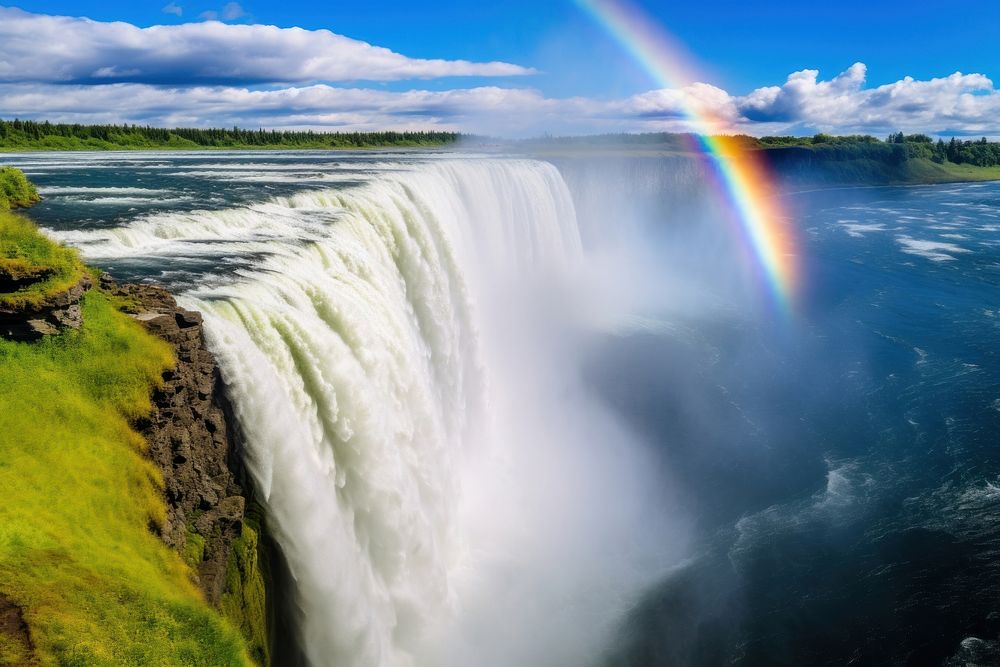 Very tall waterfall rainbow nature outdoors. AI generated Image by rawpixel.