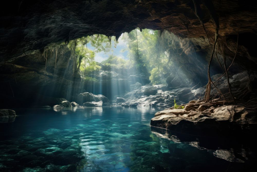 Lake in a cave nature waterfall outdoors. AI generated Image by rawpixel.