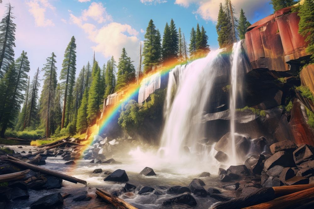 Very tall waterfall rainbow nature forest. AI generated Image by rawpixel.
