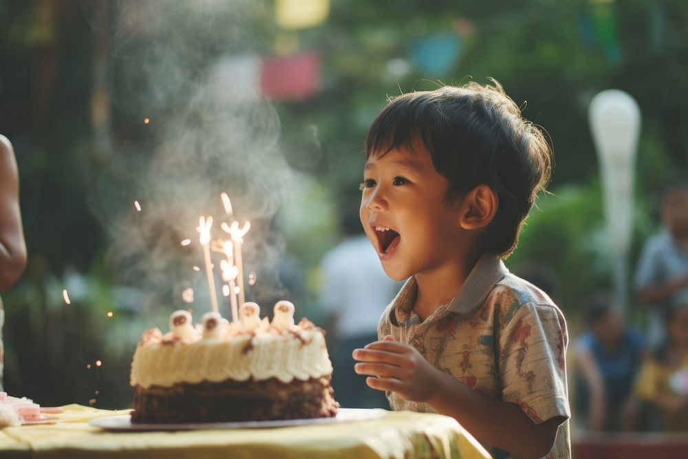 Thai kid cake birthday blowing. AI generated Image by rawpixel.