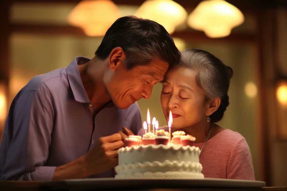 Thai couple cake birthday blowing. AI generated Image by rawpixel.