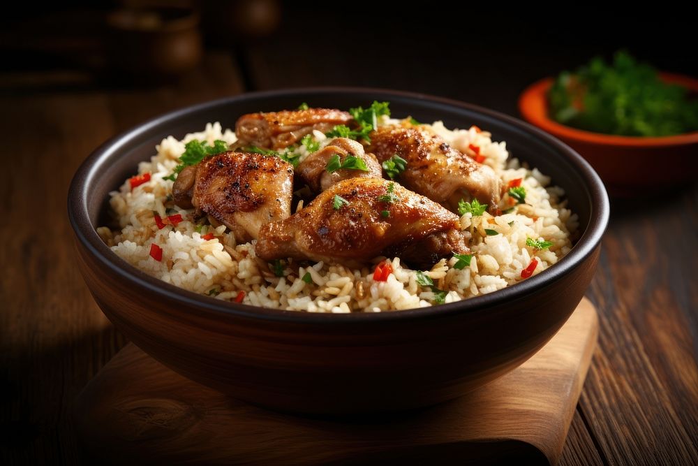 Rice and chicken fried food table meat. AI generated Image by rawpixel.