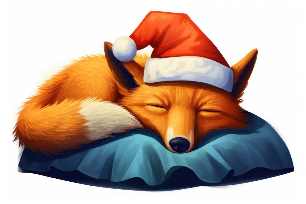 Fox sleeping on a pillow wearing santa hat mammal relaxation wildlife. 