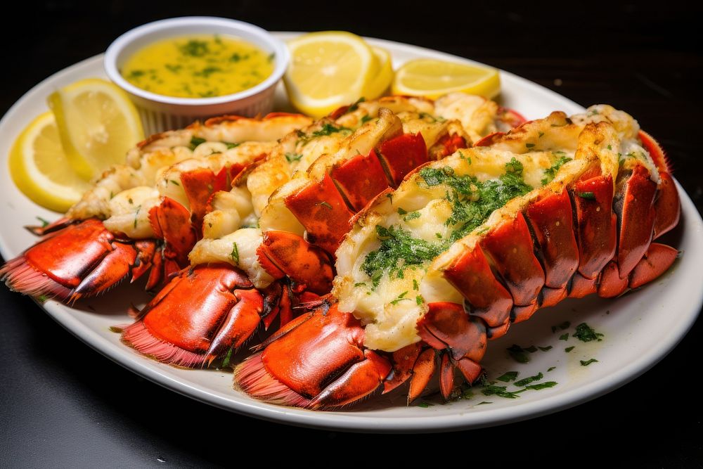 Broiled Lobster Tails with Garlic Lemon Butter lobster seafood lemon. AI generated Image by rawpixel.