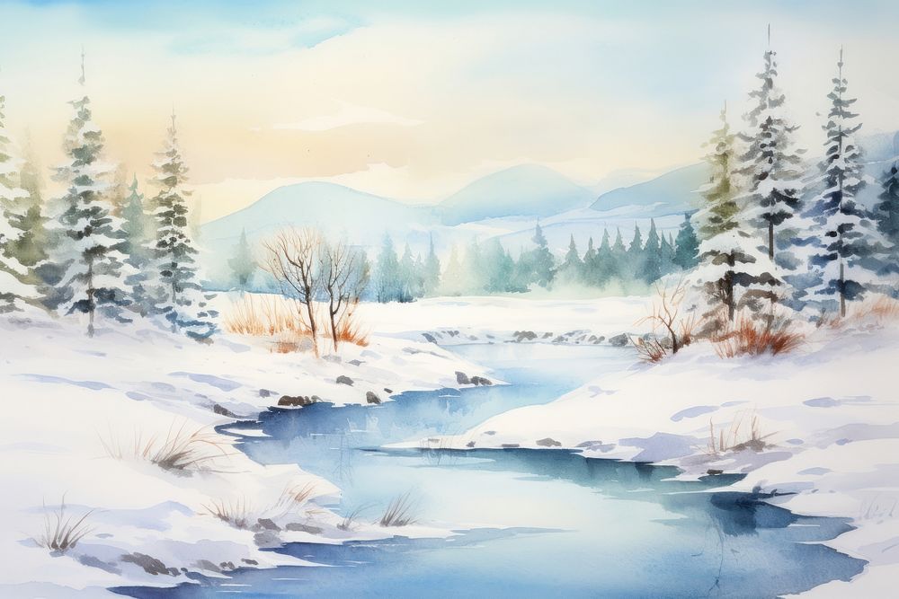 Water color landscape snow outdoors painting winter. AI generated Image by rawpixel.