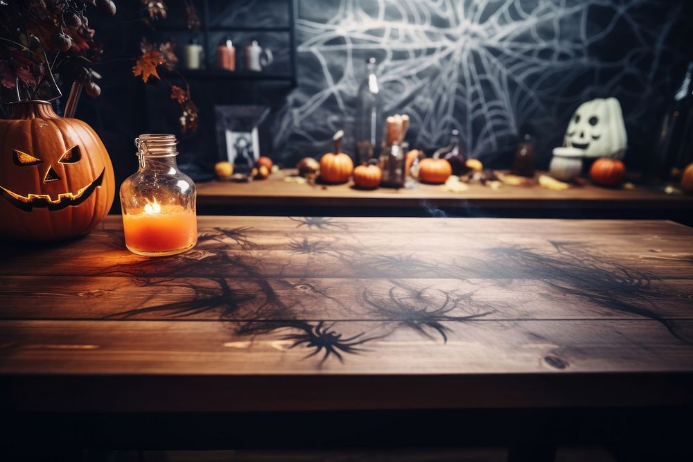 Wooden table with halloween background jack-o'-lantern jack-o-lantern illuminated. AI generated Image by rawpixel.