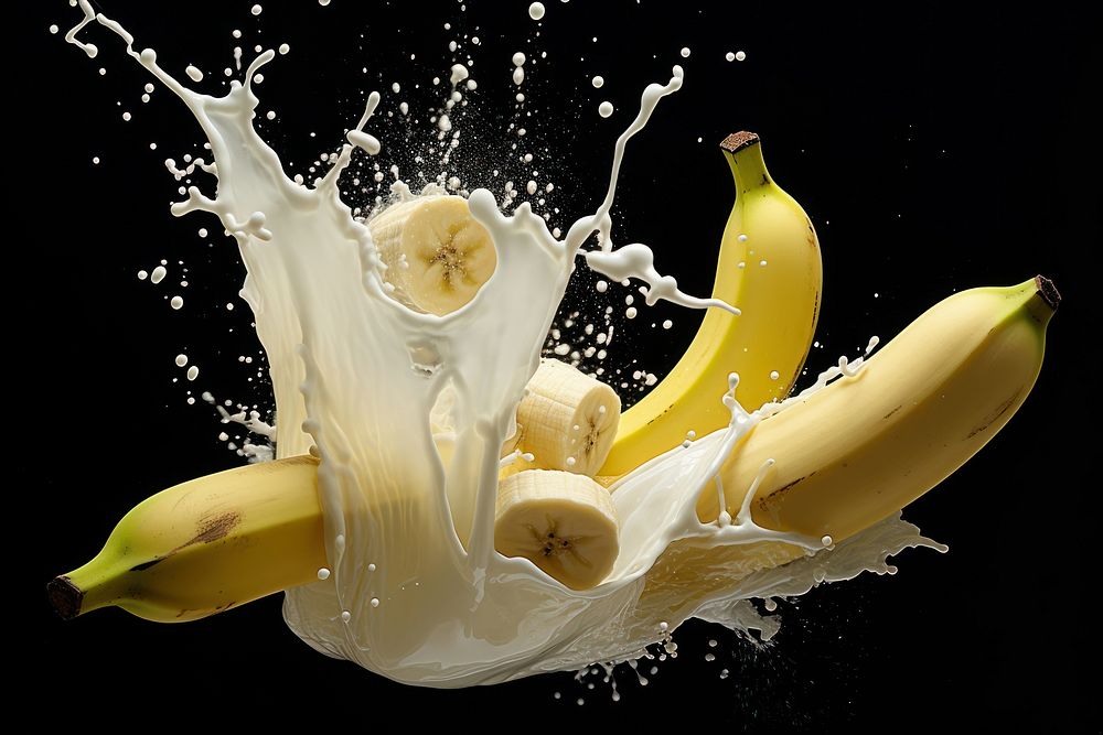 Banana chop falling in to milk plant food freshness. 