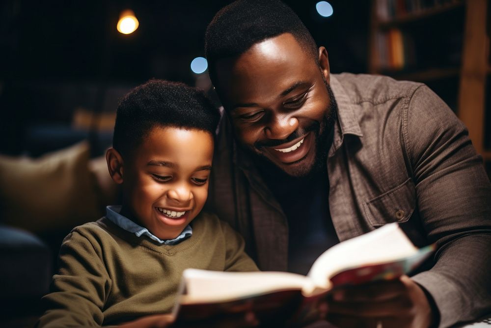 Black dad and son reading book together child adult happy. AI generated Image by rawpixel.