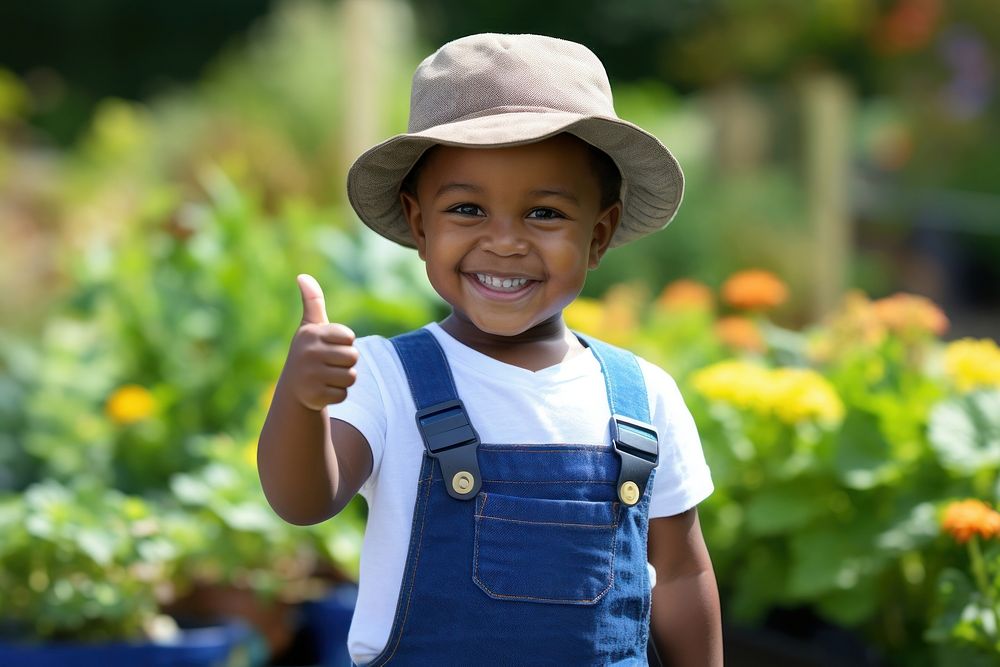 Black man gardener thumbs up portrait outdoors smile. 