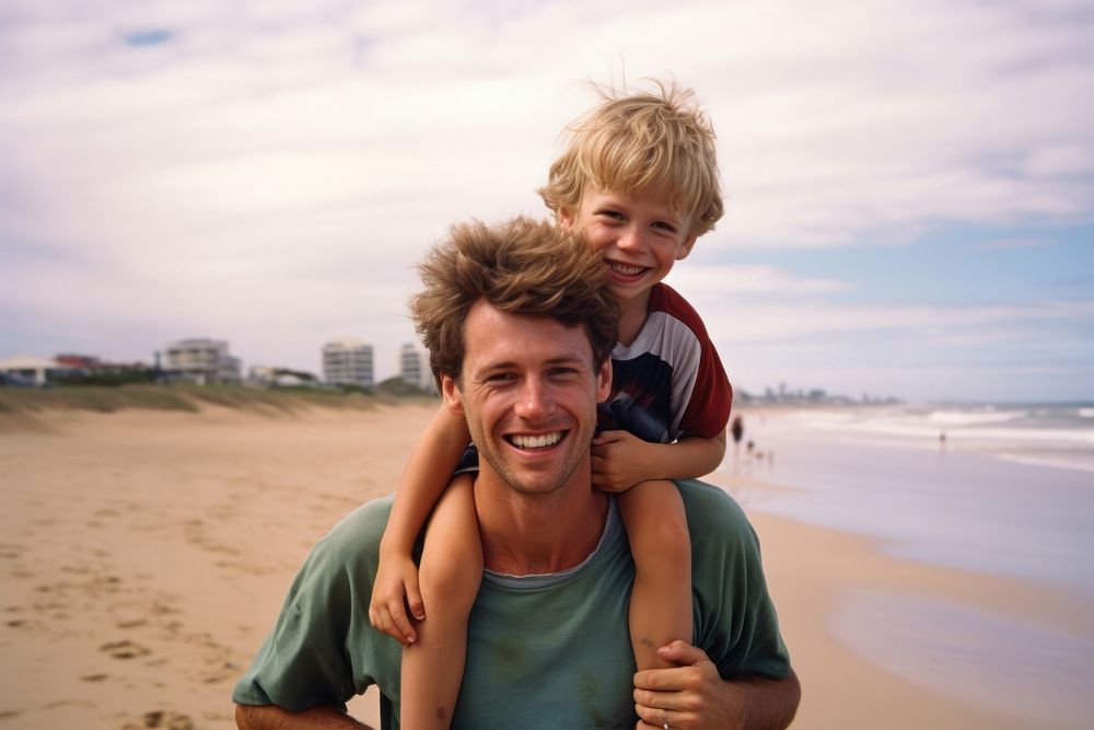Dad carry son beach portrait outdoors. AI generated Image by rawpixel.