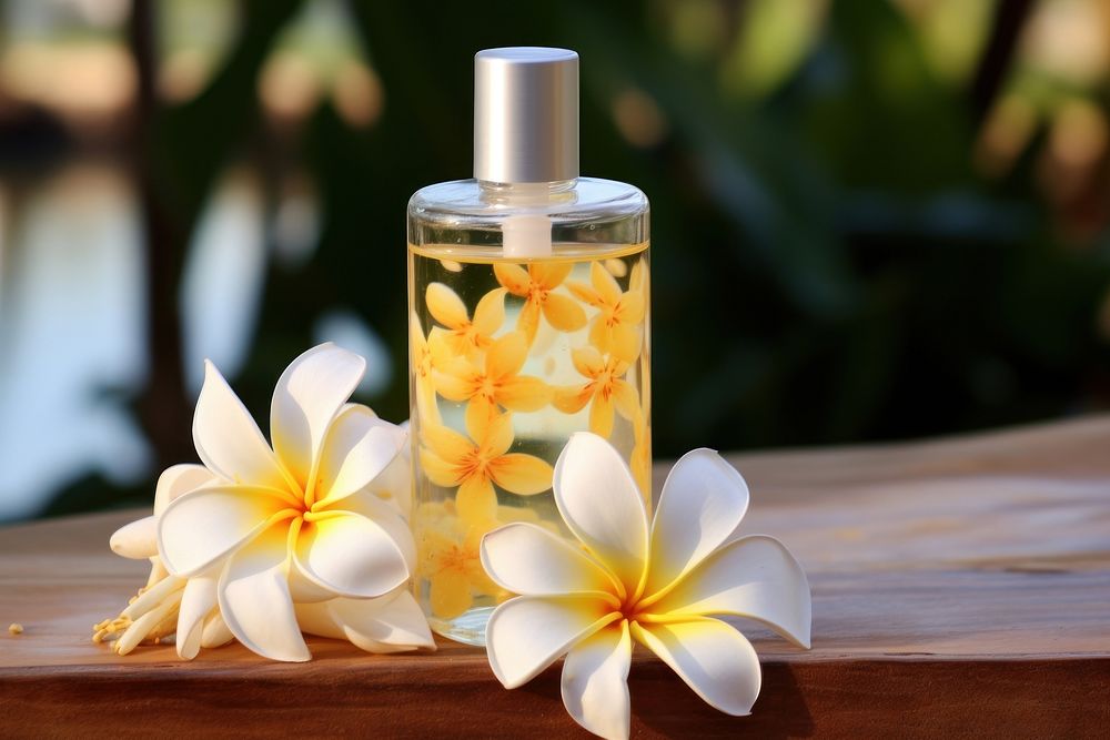 Empty liquid soap bottle docorate with frangipani perfume flower plant. AI generated Image by rawpixel.