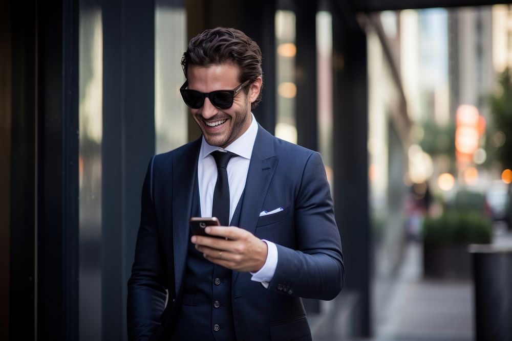 Guy wear suit happy with phone glasses blazer adult. AI generated Image by rawpixel.