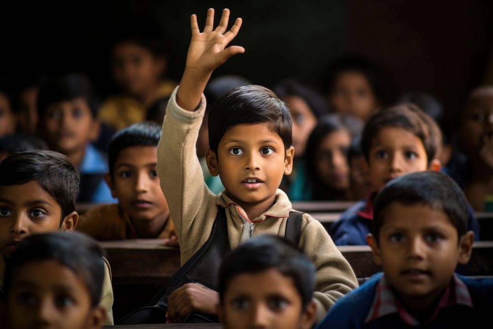 Kid hand rise in classroom student school child. AI generated Image by rawpixel.